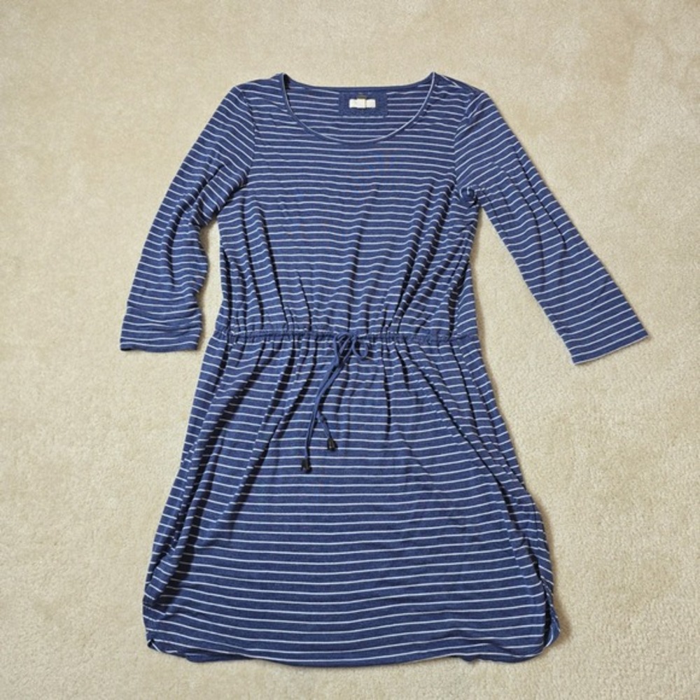 Cupio Blue White Striped 3/4 Sleeve Drawstring Waist Knit Dress XL - Picture 3 of 6